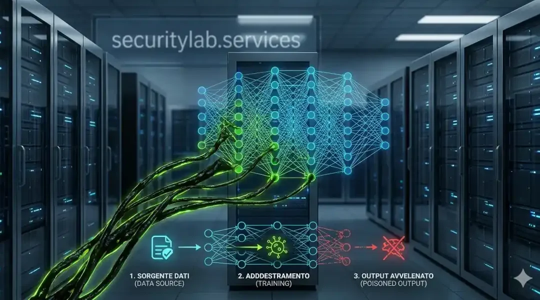 Schema tecnico di un attacco data poisoning su reti neurali aziendali - SecurityLab.services