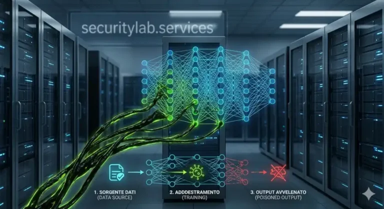 Schema tecnico di un attacco data poisoning su reti neurali aziendali - SecurityLab.services